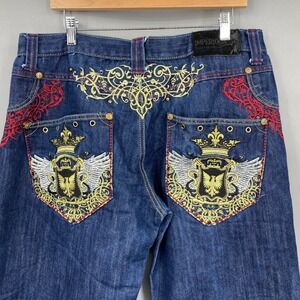 Imperious Delf Trading Y2K Mens Jeans W36XL32 Embroidered Crown Phoenix Baggie